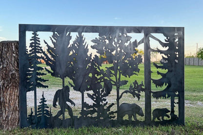Decorative Rustic Metal Panel - Wildlife Scenery with Bears and Bigfoot - P5 - Wood & Metal By Dao